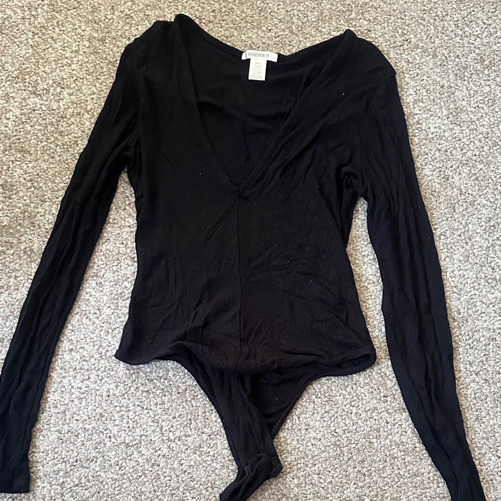 Black V-Neck Long Sleeve Bodysuit